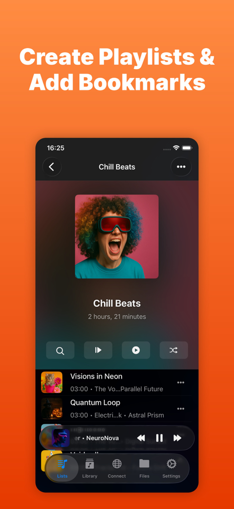 Interface de l'application Evermusic affichant la playlist Chill Beats avec la pochette et la liste des titres