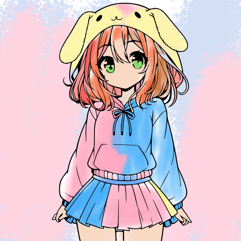pretty anime girl wearing a fluffy hoodie with bunny ears on the hood and a skirt