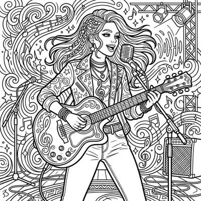 Dive into the vibrant world of music with this exciting coloring page featuring a talented musician. Bring this rock star's performance to life with your favorite colors.
