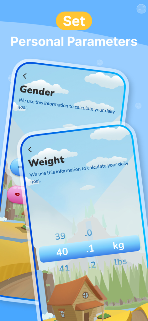 Aqua Pal: Water Tracker - Screen showing gender and weight parameter settings in the Aqua Pal water tracker app