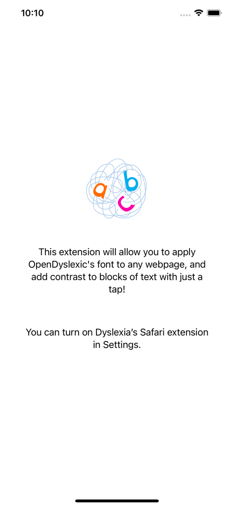Onboarding screen of the Dyslexia .abc app explaining Safari extension features like OpenDyslexic font and high contrast text.