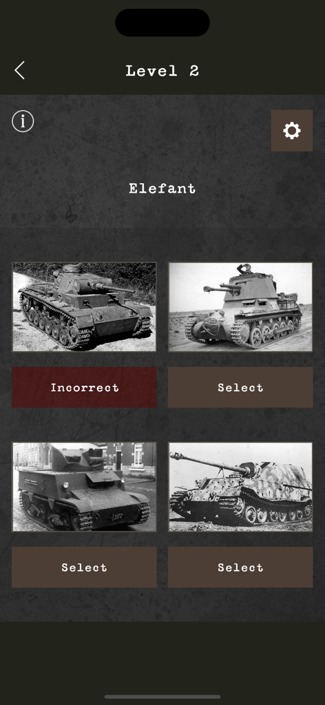 A screenshot of Level 2 in the Tank Lineup quiz app showing four historical tank images for identification.