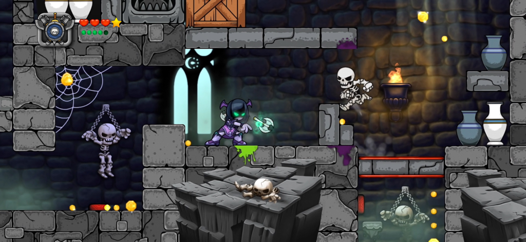 Magic Rampage - Un personaje con armadura oscura luchando contra enemigos esqueléticos en un nivel de mazmorra de piedra de Magic Rampage.