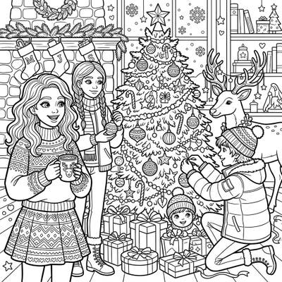 Step into a world of holiday cheer with this heartwarming Christmas coloring page, featuring a family joyfully decorating their festive tree. Discover intricate details, from twinkling ornaments to stacks of presents, promising hours of creative relaxation.