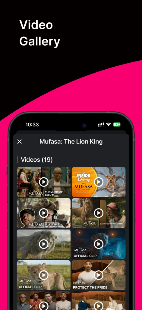 Binge Me - Binge Me app video gallery screen showing trailers and clips for Mufasa The Lion King.