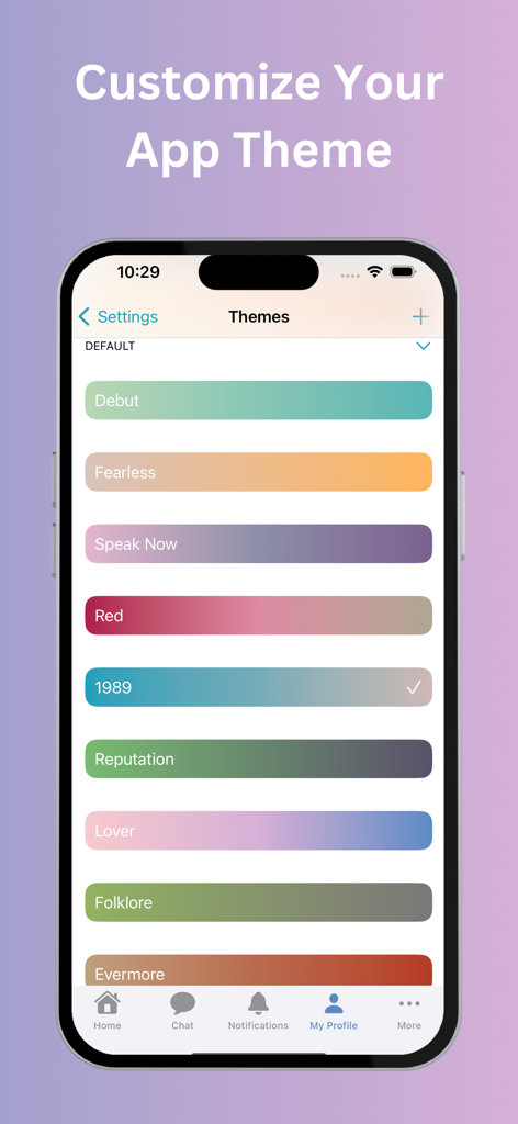 Swift Space - Find Swifties - A mobile screen showing app theme options based on Taylor Swift music eras like 1989 and Lover