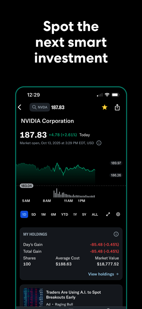 YahooファイナンスモバイルアプリのインターフェースにNVIDIA株価チャートと個人投資ポートフォリオデータが表示されています