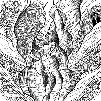 Dive into the dramatic depths of a Gothic Slot Canyon with this unique coloring page. Explore a landscape where natural rock formations meet ornate, dark fantasy architecture, offering a truly captivating coloring experience.