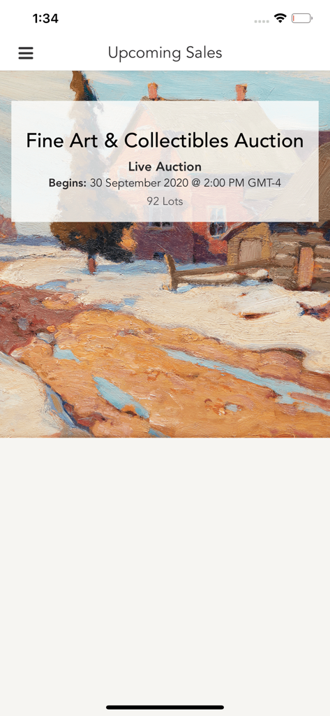 Cowley Abbott - The Cowley Abbott app screen displaying an upcoming live auction for fine art and collectibles with a featured landscape painting.