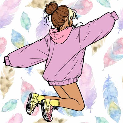 realistic girl jumping with a bun and oversized sweatshirt