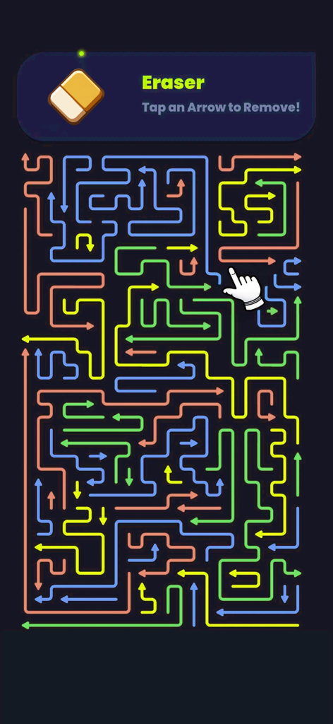 Arrows Puzzle: Escape Out! - Uma grade de quebra-cabeça lógico complexa apresentando caminhos de setas coloridos e um prompt de ferramenta de borracha