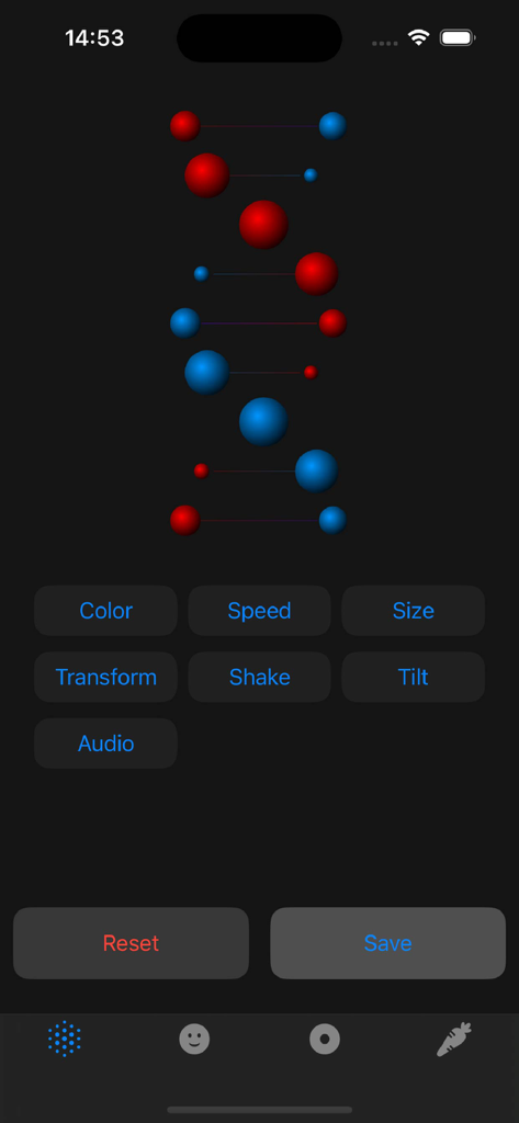 RiveAnim - RiveAnim interface showing a double helix animation with interactive control buttons for color speed and size