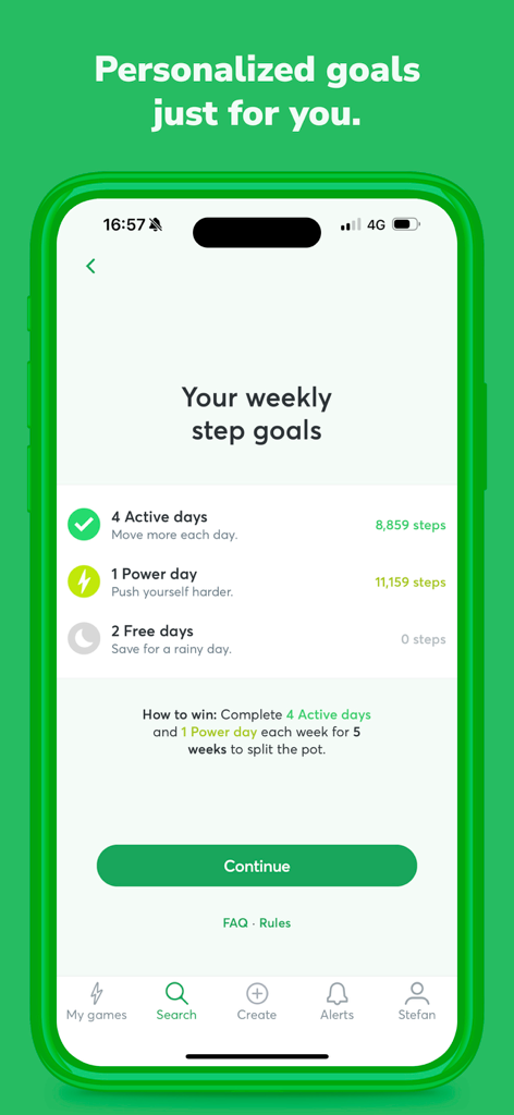 Smartphone screen of StepBet app showing a personalized weekly step goal summary with active and power days