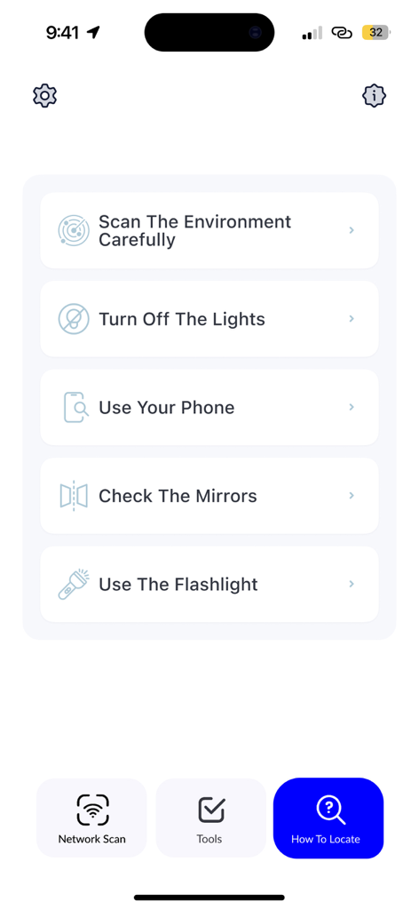 WiFi Network Scanner, Analyzer - Pantalla de la aplicación WiFi Scanner que muestra una lista de consejos para localizar dispositivos, como revisar espejos y usar una linterna.