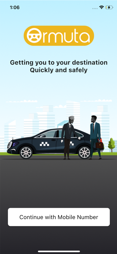Ormuta app welcome screen showing a chauffeur opening a luxury sedan door for a passenger
