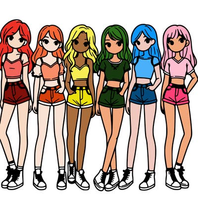 a group of girls wearing crop tops and shorts