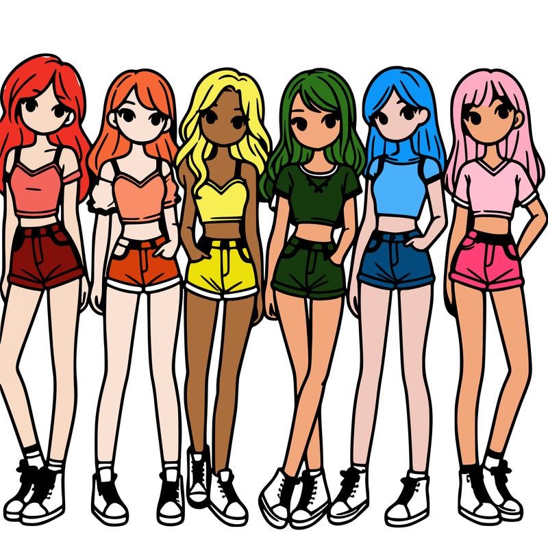 a group of girls wearing crop tops and shorts