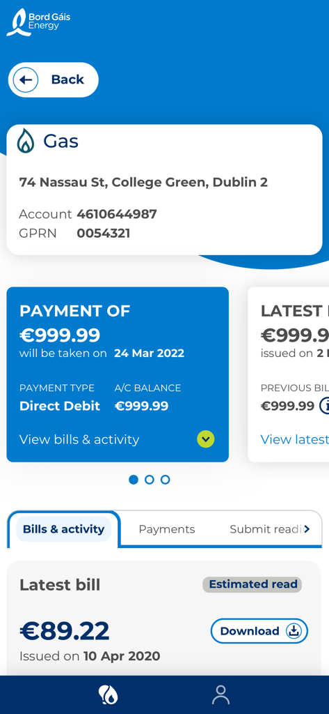 My Bord Gáis Energy app dashboard displaying gas account details, payment schedule, and latest bill summary.