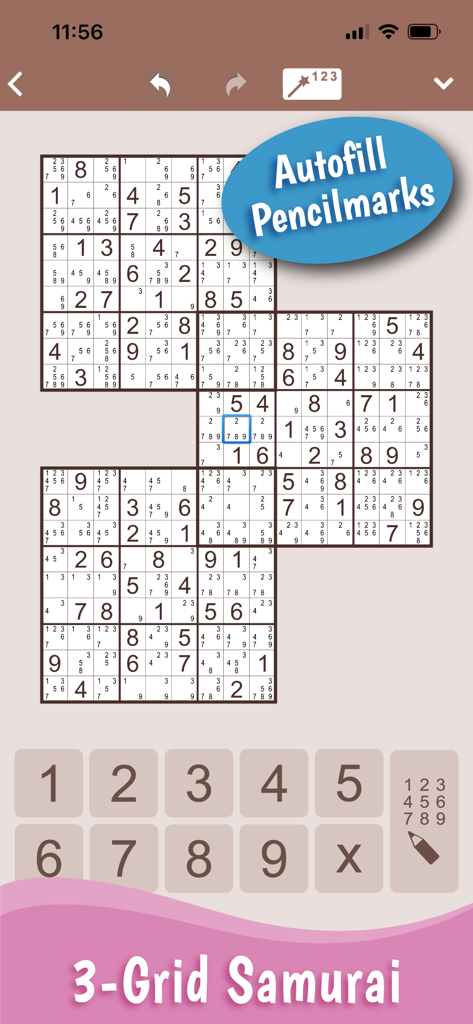 MultiSudoku: Samurai Sudoku - Capture d'écran de l'application mobile MultiSudoku montrant un puzzle sudoku samurai à 3 grilles avec la fonction de remplissage automatique des notes activée.