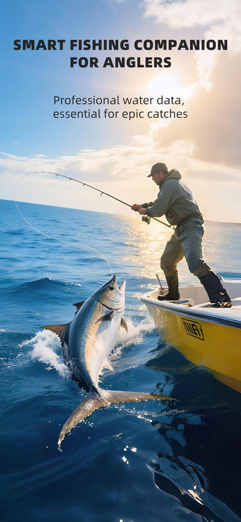 FishMeteo - Fishing forecast - An angler on a boat reeling in a large fish with text describing the app as a smart fishing companion