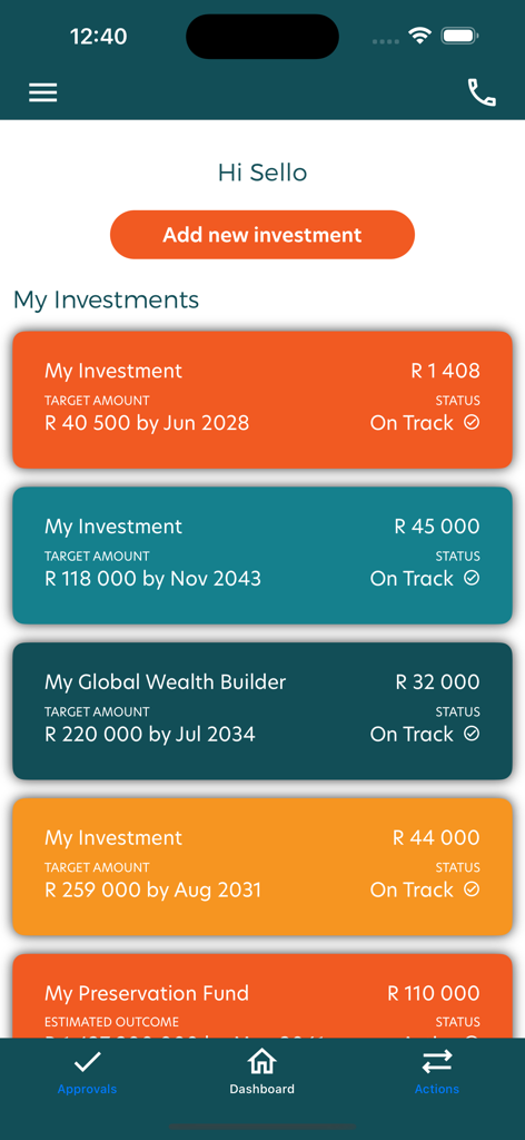Alexforbes Invest - Mobile dashboard of the Alexforbes Invest app displaying multiple investment accounts and tracking progress towards goals
