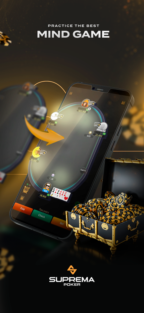 Suprema Poker - Suprema Poker mobile app interface featuring a poker table on a smartphone and a treasure chest filled with gold and black chips