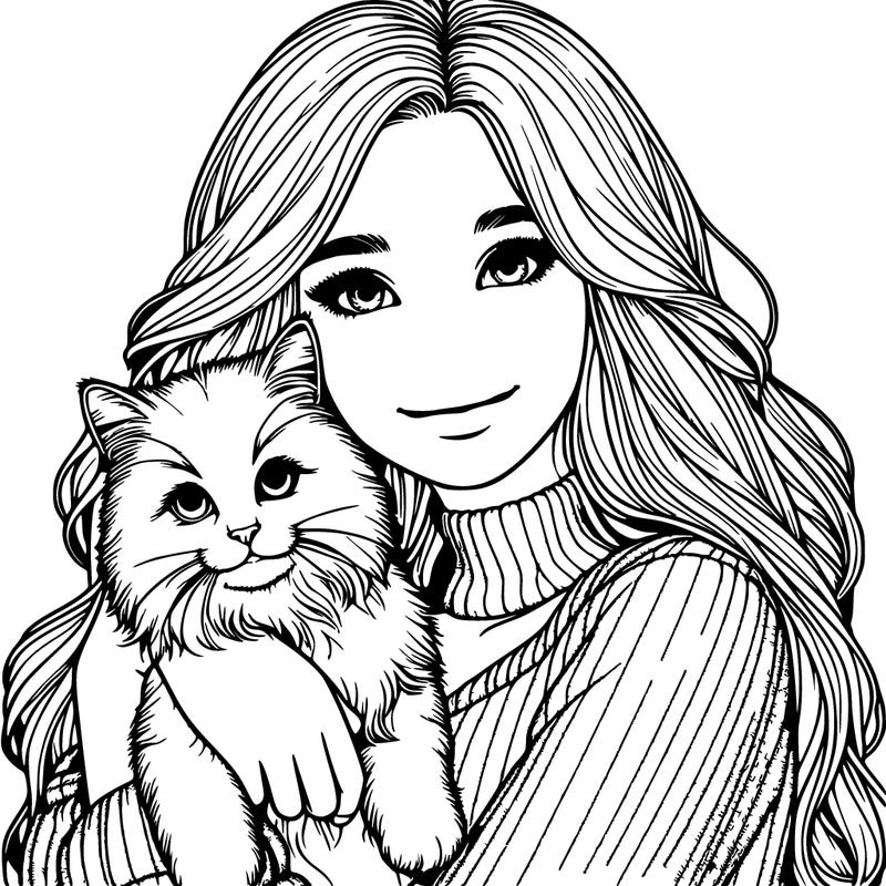realistic girl with cat