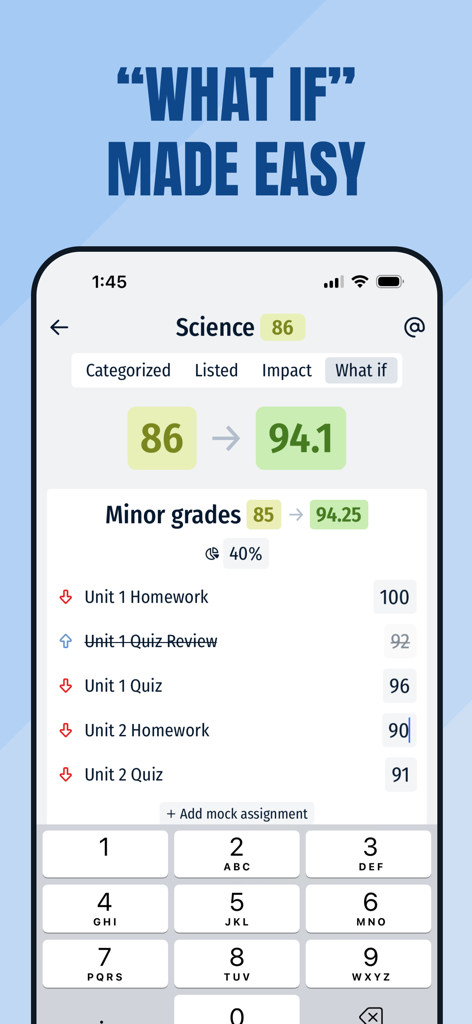 GradePro: Grades & GPA - GradePro app What If calculator screen showing a science class grade increase simulation