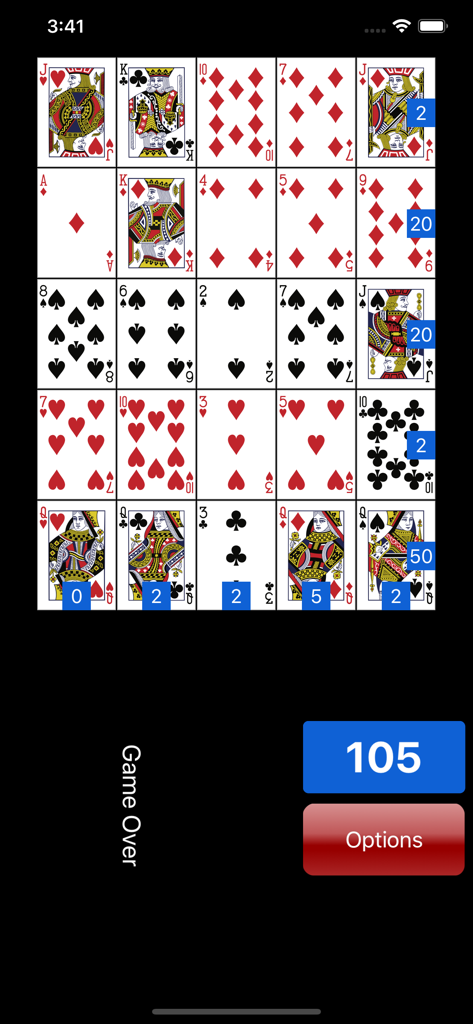 Poker Square - Solitaire - Écran de fin de partie de Poker Square Solitaire affichant une grille de cartes 5x5 complétée avec un score final de 105.