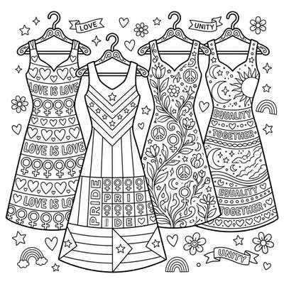 Dive into the spirit of Pride Month with this unique coloring page featuring four stylish A-line dresses. Each dress is adorned with symbols of love, equality, and community, ready for your creative touch.