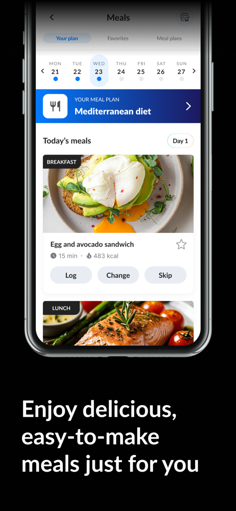 Daily Mediterranean meal plan interface with an egg and avocado sandwich recipe.