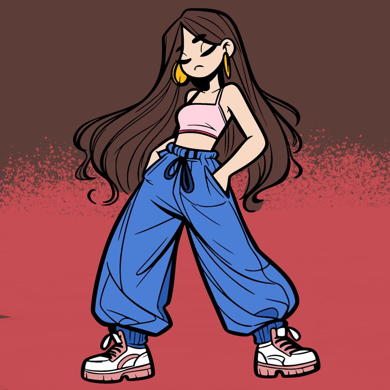 girl in baggy pants crop top and long hair