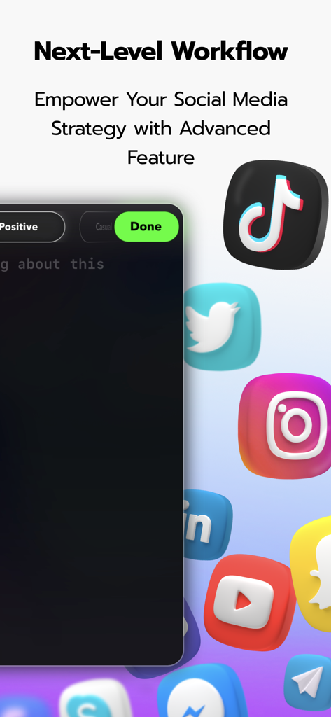Capture d'écran de l'application Repost AI mettant en évidence le flux de travail des réseaux sociaux avec diverses icônes de plateformes