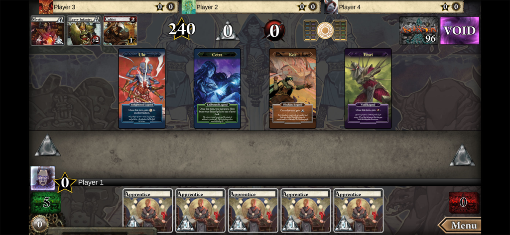 Ascension: Deckbuilding Game - Digital card game interface of Ascension showing high fantasy character cards and player hand