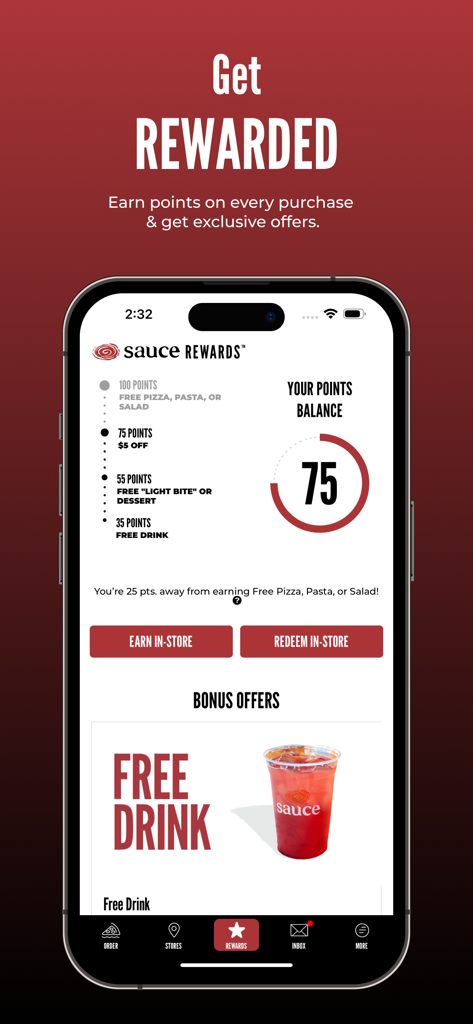 Pantalla de recompensas de la aplicación móvil Sauce Pizza and Wine que muestra un saldo de 75 puntos y ofertas de bonificación disponibles