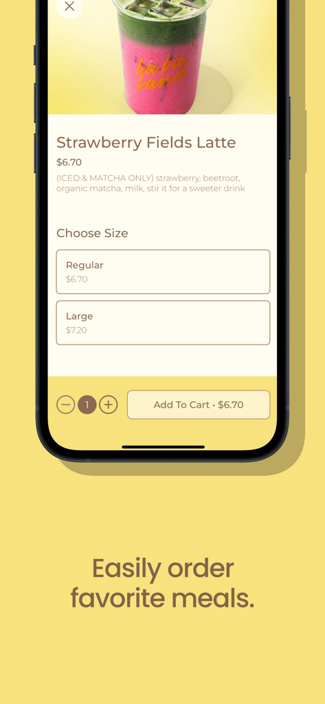 Mobile app screen showing the ordering process for a Strawberry Fields Latte at La La Land Kind Cafe