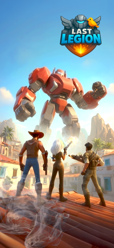 Last Legion: Tower Defense TD - Three heroes looking at a giant red robot in a city from Last Legion Tower Defense
