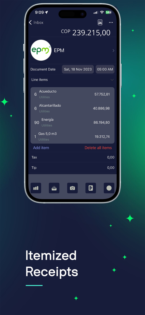 Veryfi Receipts OCR & Expenses - Veryfi app interface on an iPhone displaying automated line item extraction from a utility receipt.