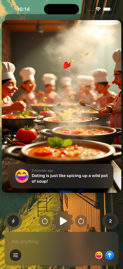 ChatBae AI app screen displaying an AI generated image of cartoon chefs and a humorous quote about dating.