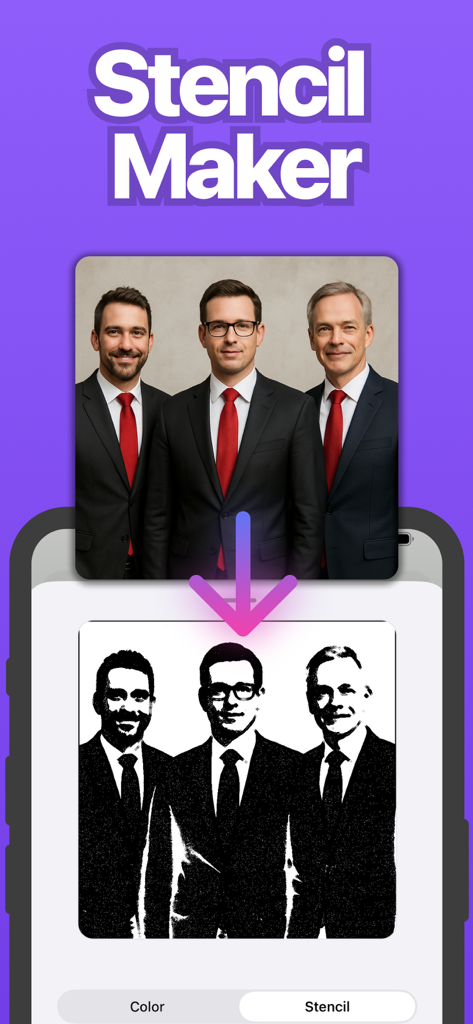 AI Tattoo Generator: Flashes - Mobile app screen showing the conversion of a color photo into a high-contrast black and white tattoo stencil
