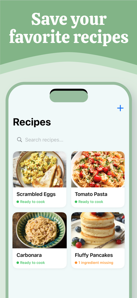 Food Stock - Grocery List - Food Stock app recipe screen displaying saved recipes with ingredient availability status