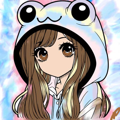 a pretty girl wearing a frog hoodie portrait with long hair