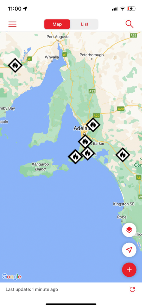 Fires Near Me Australia - Real-time bushfire incident map in Australia showing active fire alerts around Adelaide
