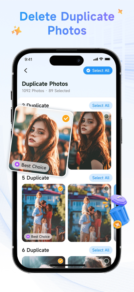 Interface showing duplicate photo removal with smart best choice selection