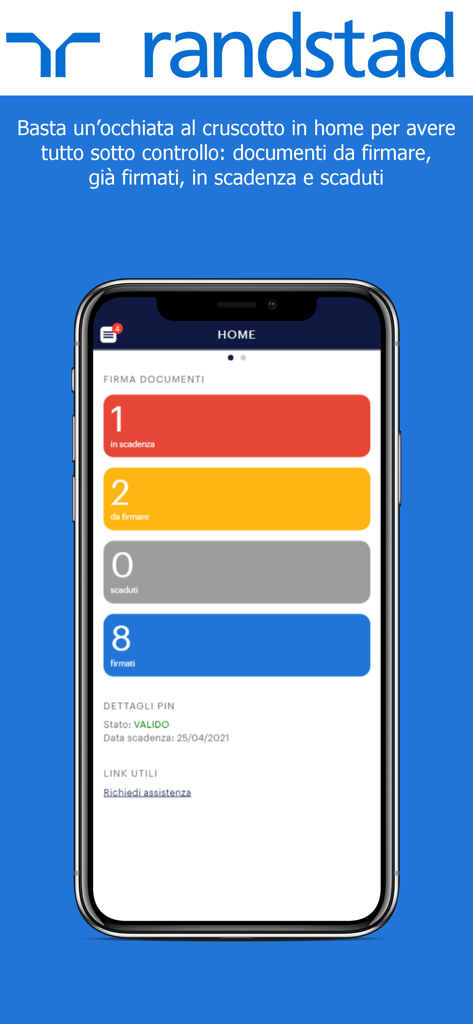 Pantalla de inicio de la aplicación móvil Randstad e-doc que muestra un panel con estados y recuentos de firmas de documentos.