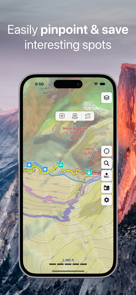 Guru Maps Pro & GPS Tracker - A mobile topographic map showing pins for peaks and hiking trails like the John Muir Trail.