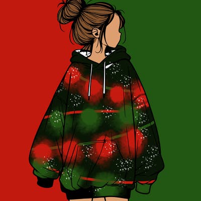 realistic girl with a oversized sweatshirt on and a bun