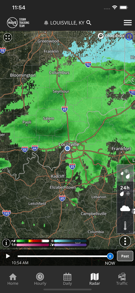 High resolution weather radar map centered on Louisville Kentucky in the WAVE 3 app