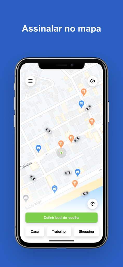 Interfaz del mapa de la aplicación de taxi Livre que muestra ubicaciones de vehículos y selección de punto de recogida en Minas Gerais