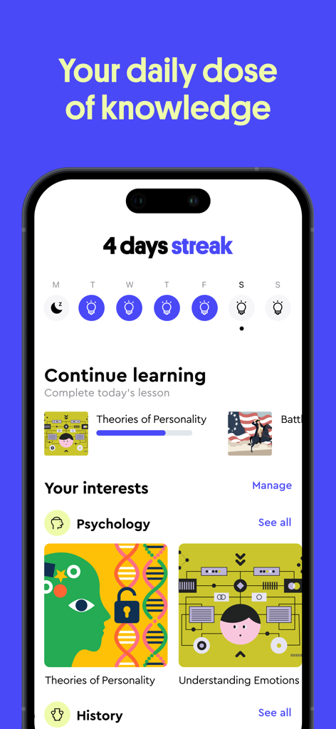 Panel de la aplicación Loomi que muestra una racha de aprendizaje y cursos de microaprendizaje de psicología